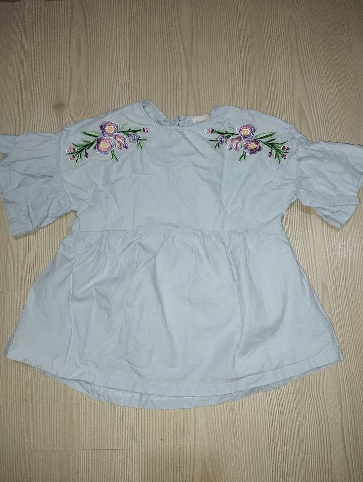 Nakışlı Mavi Kız Bluzu, Kısa Kollu, Gevşek Kesim - Görsel 2