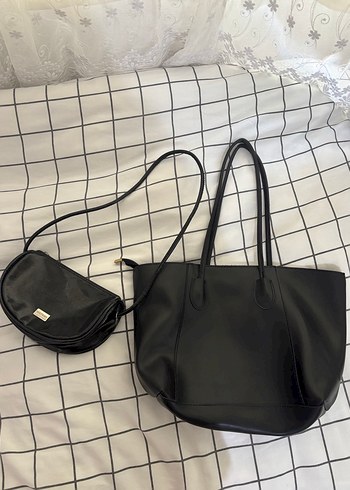 Siyah Minimalist Deri Kadın Çanta Seti