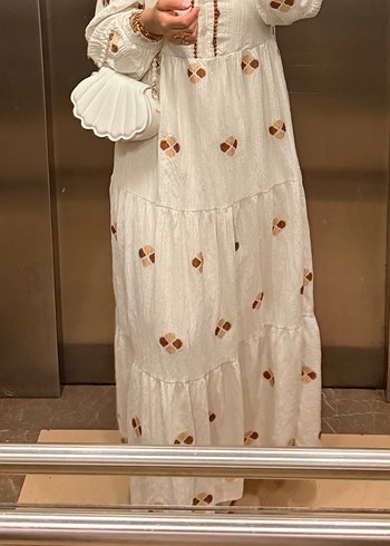 Nakışlı Beyaz Uzun Kollu Bohem Elbise - Görsel 2