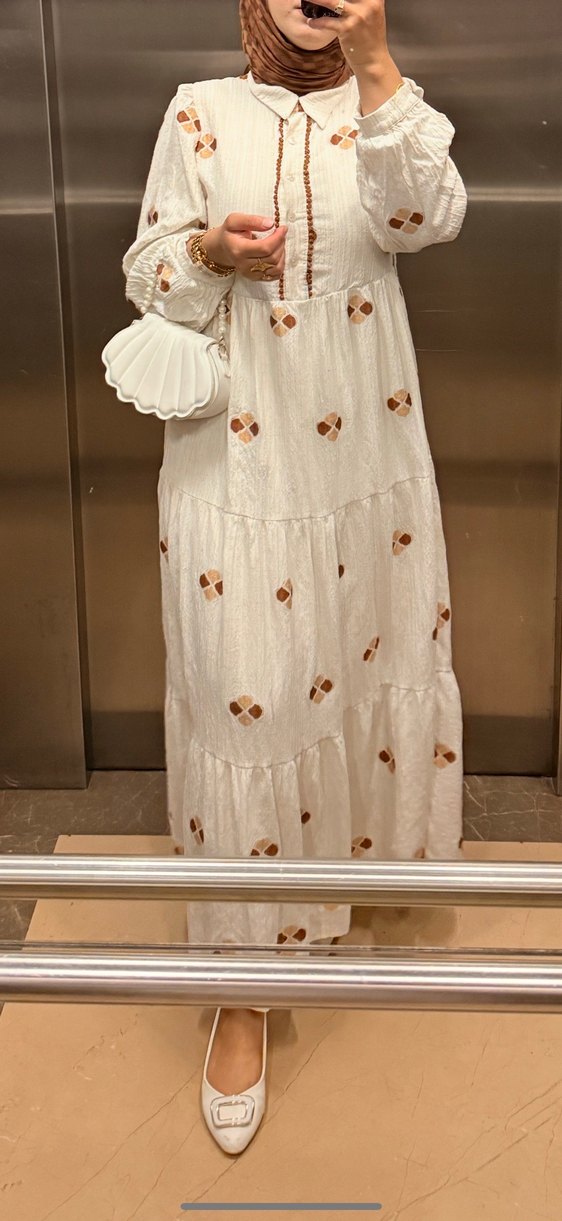 Nakışlı Beyaz Uzun Kollu Bohem Elbise - Görsel 2