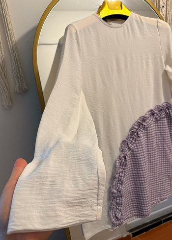 Fırfırlı Beyaz ve Lila Midi Keten Tunik - Görsel 2