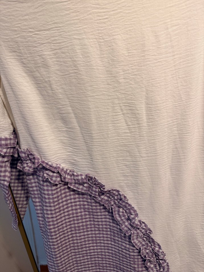 Fırfırlı Beyaz ve Lila Midi Keten Tunik - Görsel 3