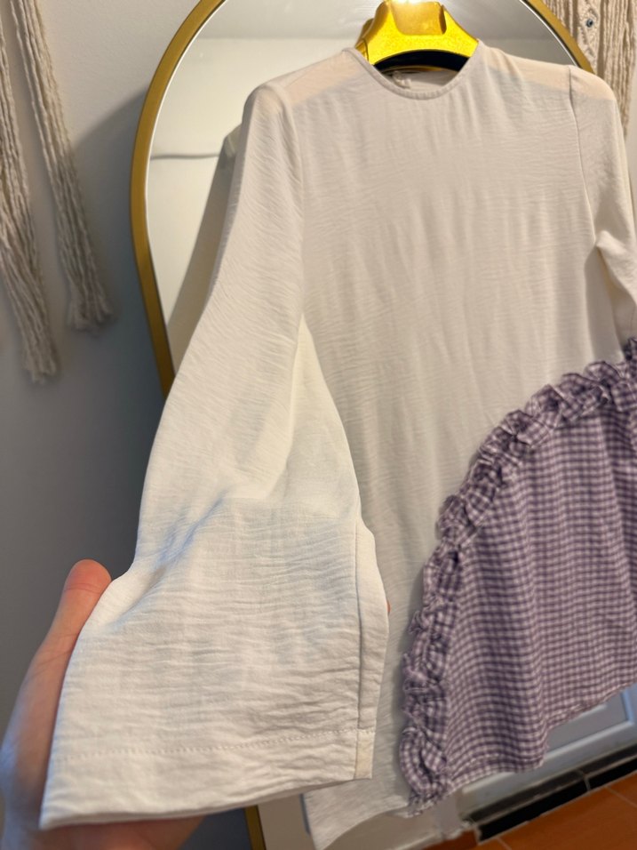 Fırfırlı Beyaz ve Lila Midi Keten Tunik - Görsel 2