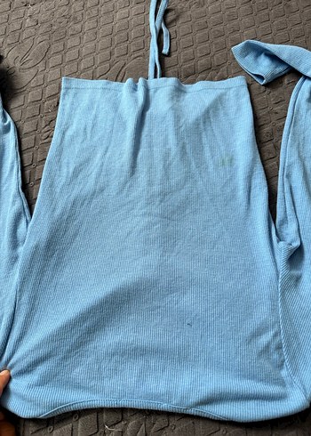 Mavi V Yaka Kadın Keten Bluz - Görsel 4