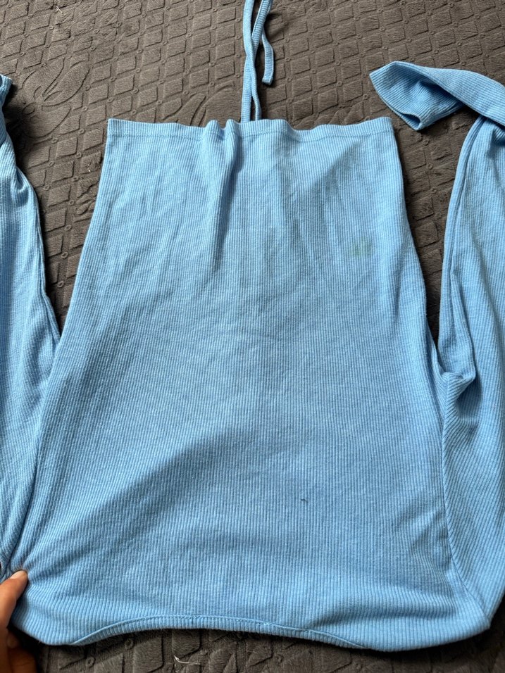 Mavi V Yaka Kadın Keten Bluz - Görsel 4