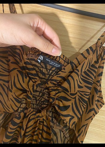 Kahverengi Zebra Desenli İnce Askılı Uzun Elbise - Görsel 5