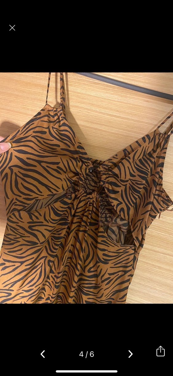 Kahverengi Zebra Desenli İnce Askılı Uzun Elbise - Görsel 4