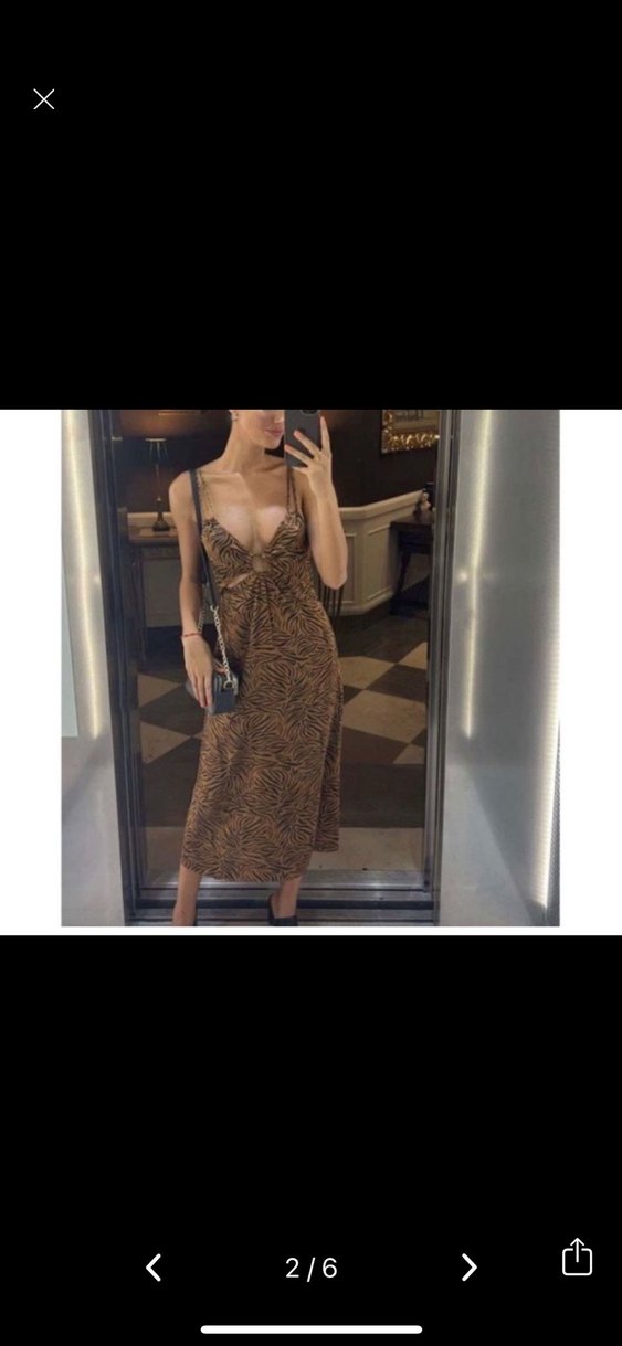 Kahverengi Zebra Desenli İnce Askılı Uzun Elbise - Görsel 2