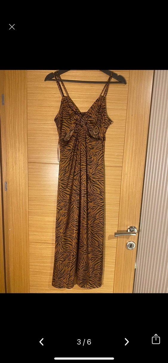 Kahverengi Zebra Desenli İnce Askılı Uzun Elbise - Görsel 3