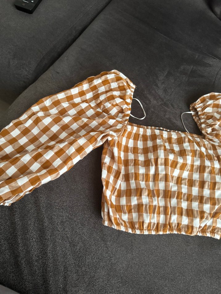 Bej Kareli Uzun Kollu Bohem crop - Görsel 3