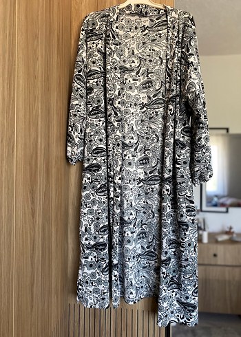 Uzun Desenli Gri Bohem Kadın Kimono