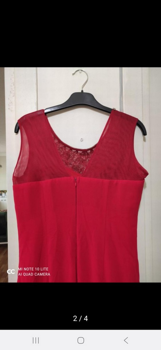 Kırmızı İşlemeli Uzun Abiye Elbise - Görsel 3