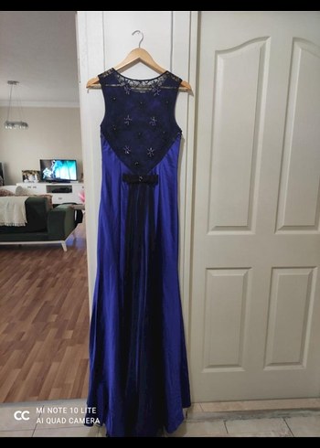 Boncuk İşlemeli Lacivert Uzun Abiye Elbise - Görsel 3