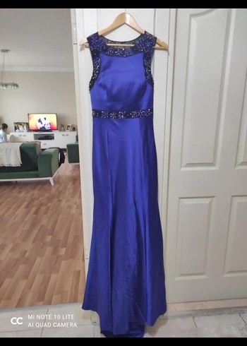 Boncuk İşlemeli Lacivert Uzun Abiye Elbise - Görsel 2