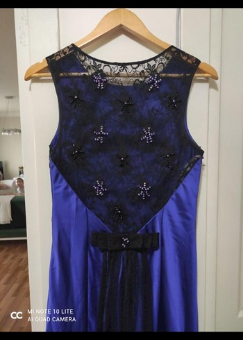 Boncuk İşlemeli Lacivert Uzun Abiye Elbise - Görsel 4