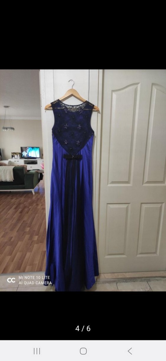 Boncuk İşlemeli Lacivert Uzun Abiye Elbise - Görsel 3