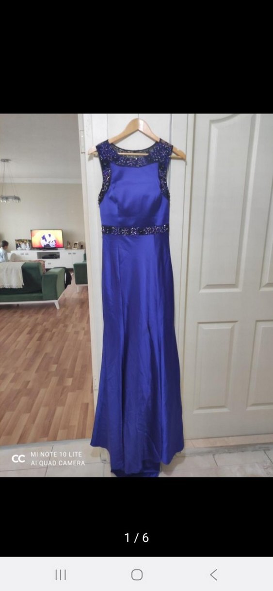 Boncuk İşlemeli Lacivert Uzun Abiye Elbise - Görsel 2