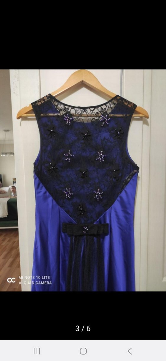 Boncuk İşlemeli Lacivert Uzun Abiye Elbise - Görsel 4