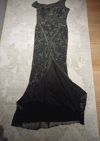 Boncuk İşlemeli Siyah Uzun Abiye Elbise - Görsel 2