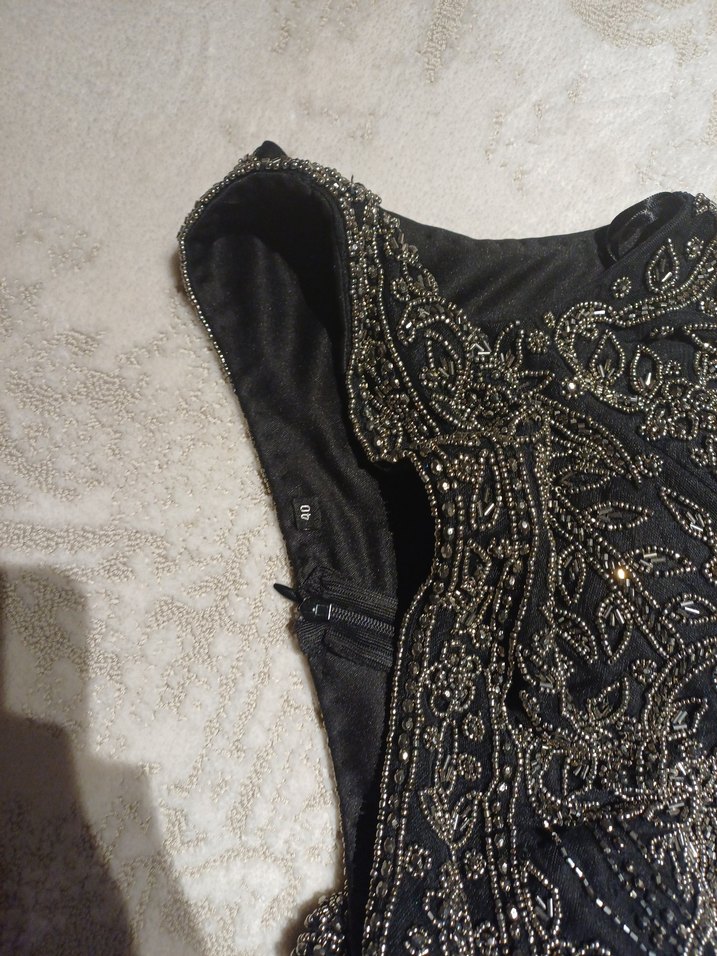 Boncuk İşlemeli Siyah Uzun Abiye Elbise - Görsel 4