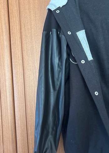 Siyah Deri Kollu Düğmeli kolej Ceket - Görsel 2