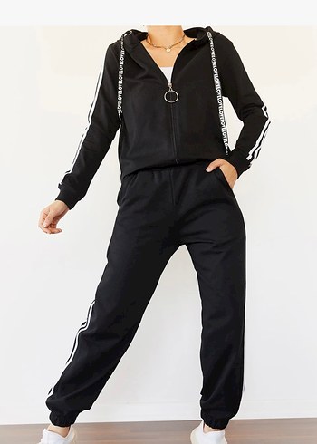 Siyah Çizgili Fermuarlı Kadın Eşofman Takımı - Görsel 4