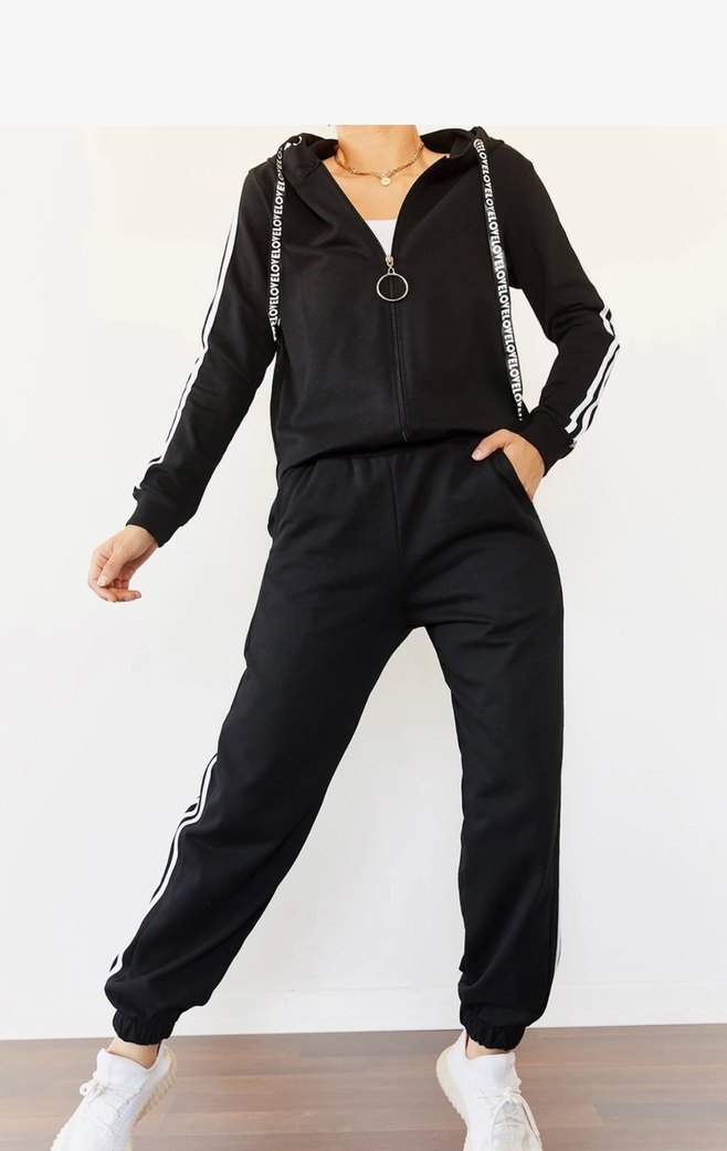 Siyah Çizgili Fermuarlı Kadın Eşofman Takımı - Görsel 4