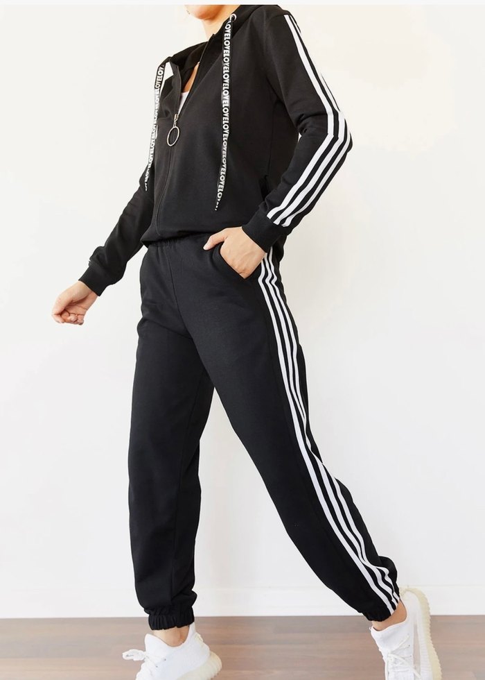 Siyah Çizgili Fermuarlı Kadın Eşofman Takımı - Görsel 2