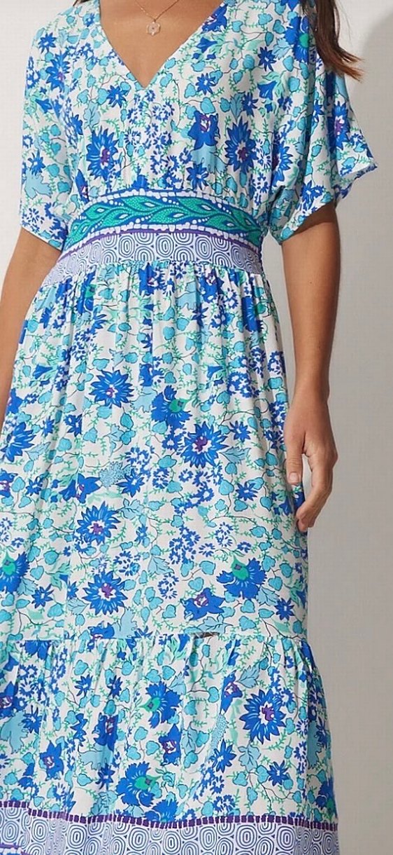 Mavi Bohem V Yakalı Uzun Elbise - Görsel 3