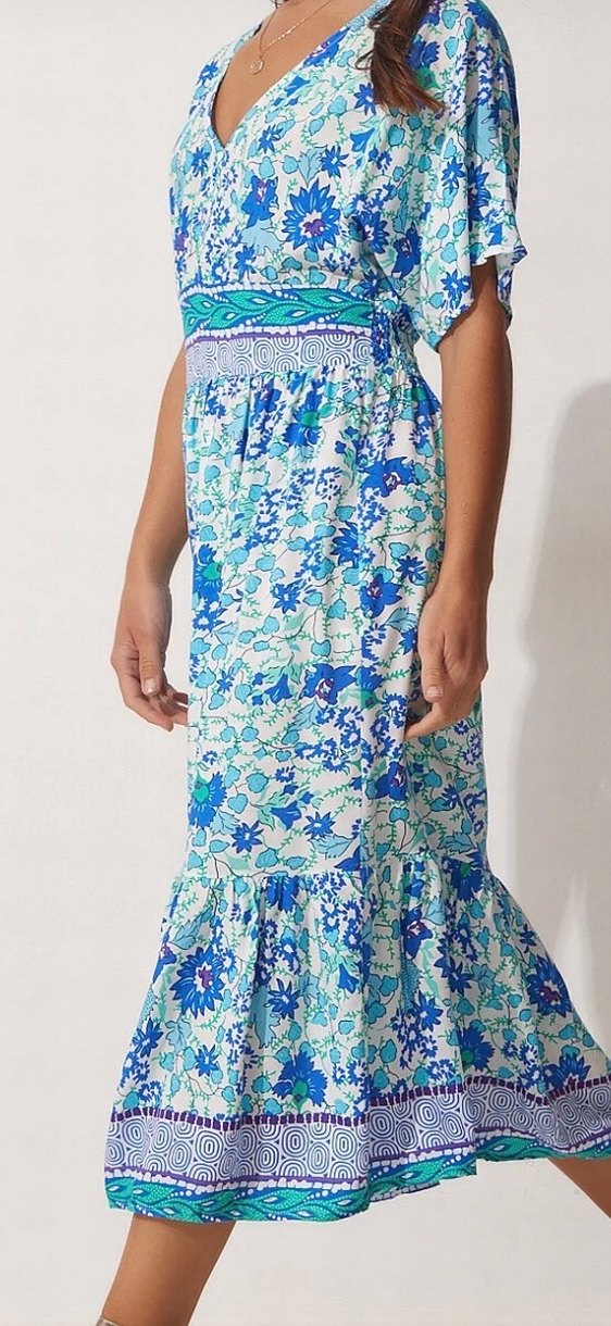 Mavi Bohem V Yakalı Uzun Elbise - Görsel 2