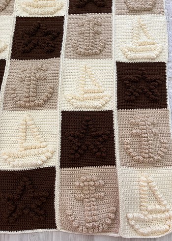 El örgüsü Bej Kareli Örgü Çocuk Battaniyesi - Görsel 4