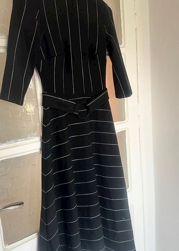 Kemerli Siyah Çizgili Uzun Kadın Elbise adl - Görsel 2