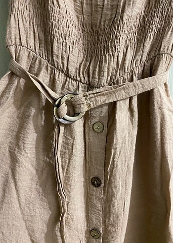 Bej Kemerli Uzun Keten Elbise - Görsel 4