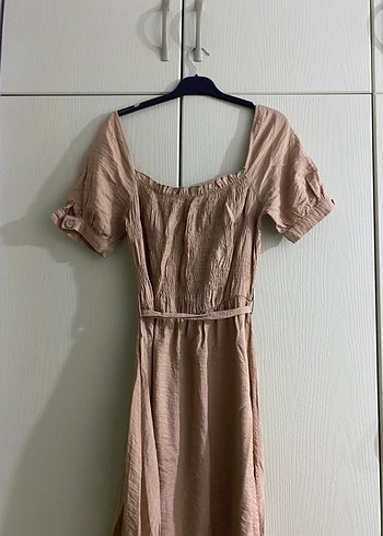 Bej Kemerli Uzun Keten Elbise - Görsel 3