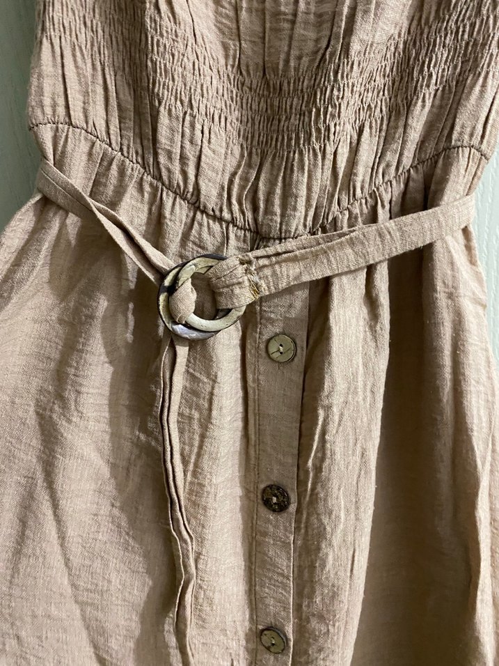 Bej Kemerli Uzun Keten Elbise - Görsel 4