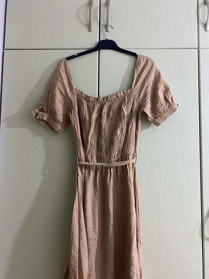 Bej Kemerli Uzun Keten Elbise - Görsel 3