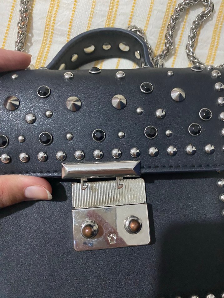Tokalı Siyah Deri Gotik Kadın Çanta - Görsel 3