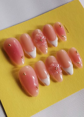 Pastel Pembe Çiçekli Jel Takma Tırnak Seti - Görsel 9