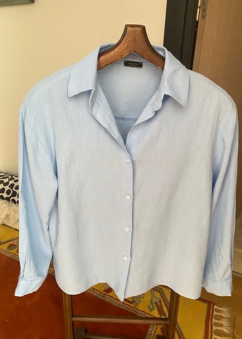 Massimo Dutti Mavi Keten Düğmeli Kadın Gömlek