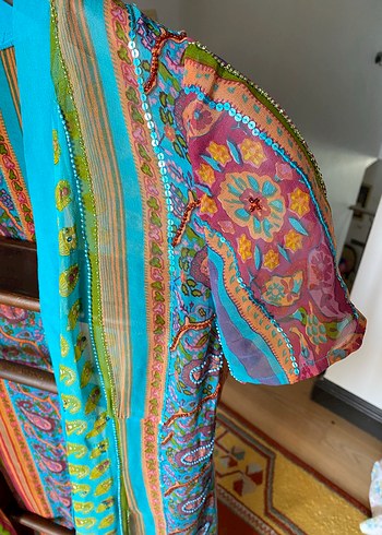 Bohem Çok Renkli V Yaka Salaş kruvaze pareo - Görsel 6