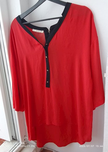 V Yakalı, Fermuarlı Kırmızı Kadın Bluz - Görsel 3
