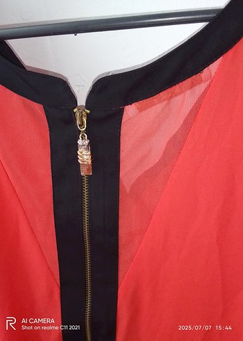 V Yakalı, Fermuarlı Kırmızı Kadın Bluz - Görsel 2