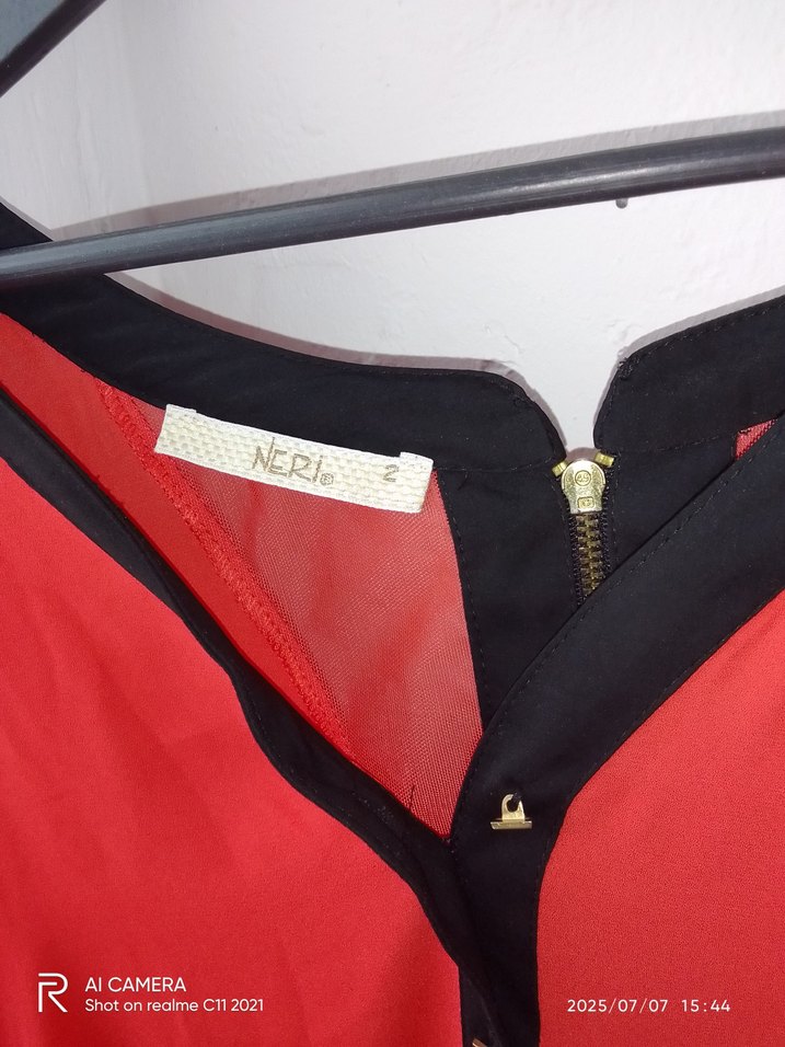 V Yakalı, Fermuarlı Kırmızı Kadın Bluz - Görsel 4