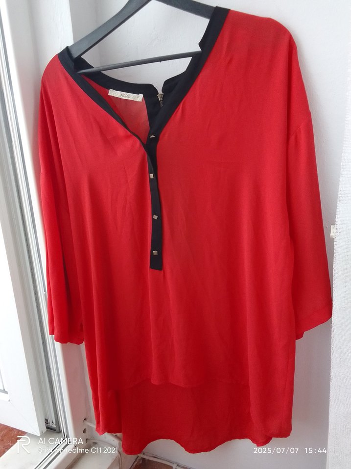 V Yakalı, Fermuarlı Kırmızı Kadın Bluz - Görsel 3