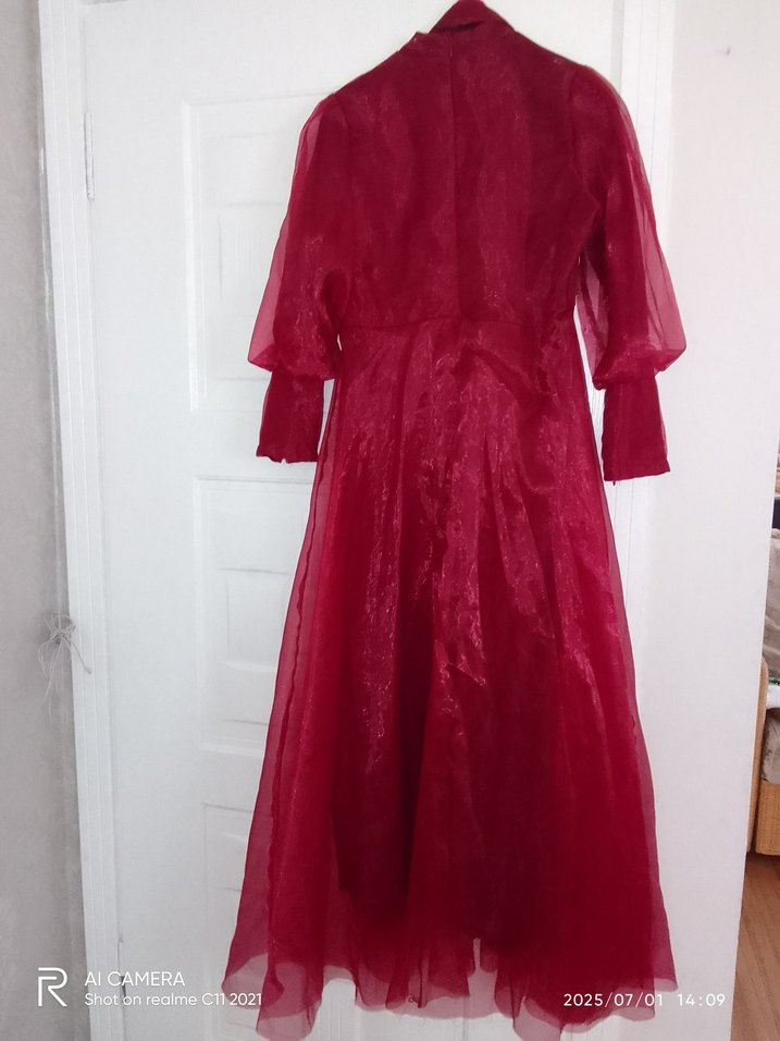 Bordo Uzun Kollu Yüksek Yakalı Kadın Elbise - Görsel 4