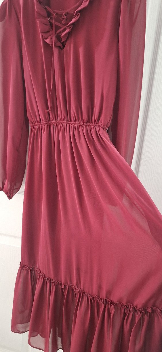 Bordo Uzun Kollu Salaş Kadın Elbise - Görsel 5