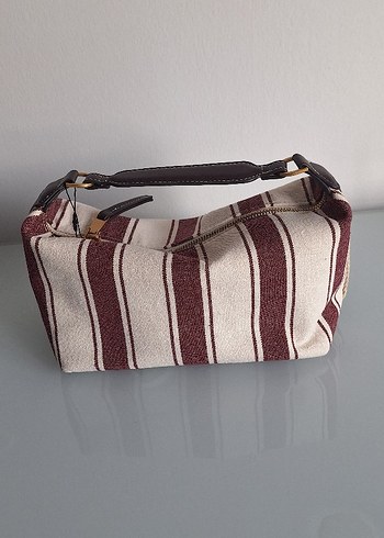 Bordo ve Gri Çizgili Fermuarlı Kadın Çantası - Görsel 4