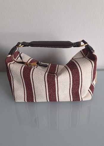 Bordo ve Gri Çizgili Fermuarlı Kadın Çantası - Görsel 3