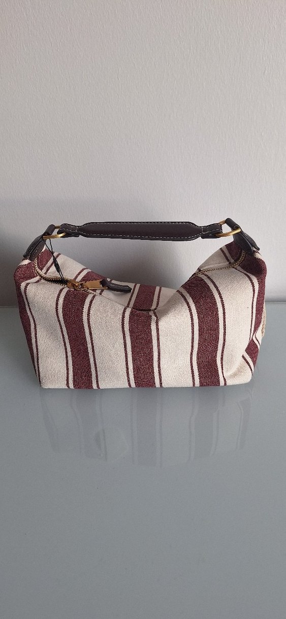 Bordo ve Gri Çizgili Fermuarlı Kadın Çantası - Görsel 3