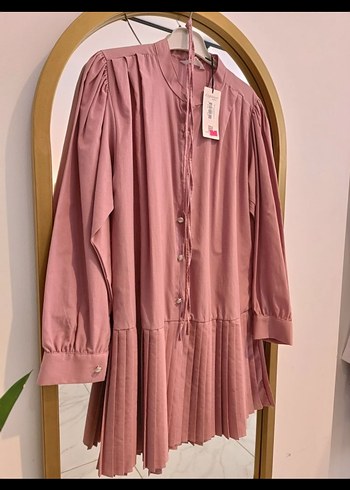 xl Beden Pembe Uzun Kollu Piliseli Tunik tesettür
